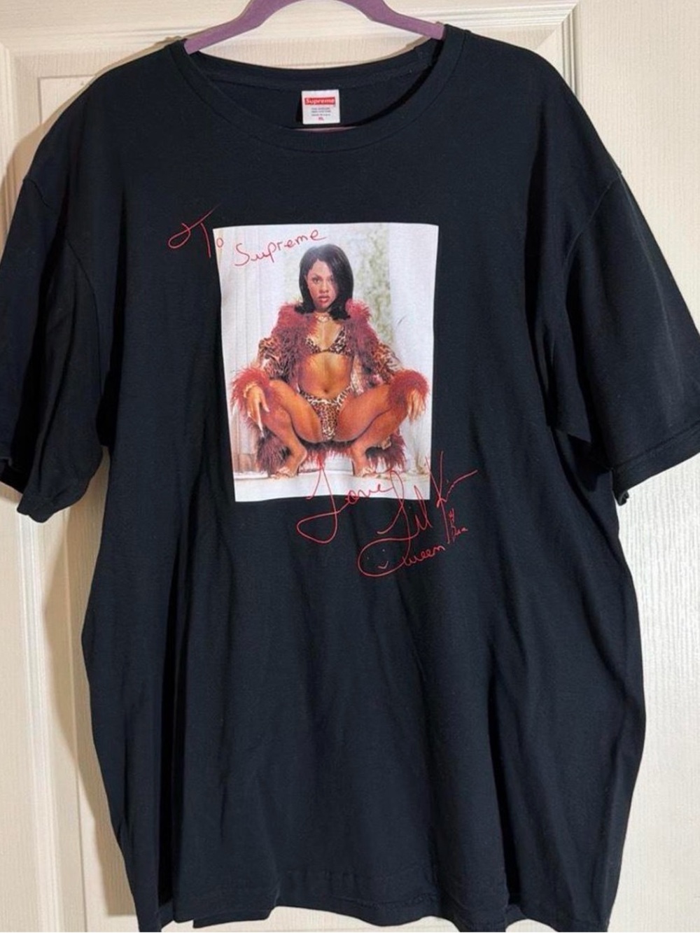 Supreme Lil Kim Black Tee with Red Script and Photo Graphic